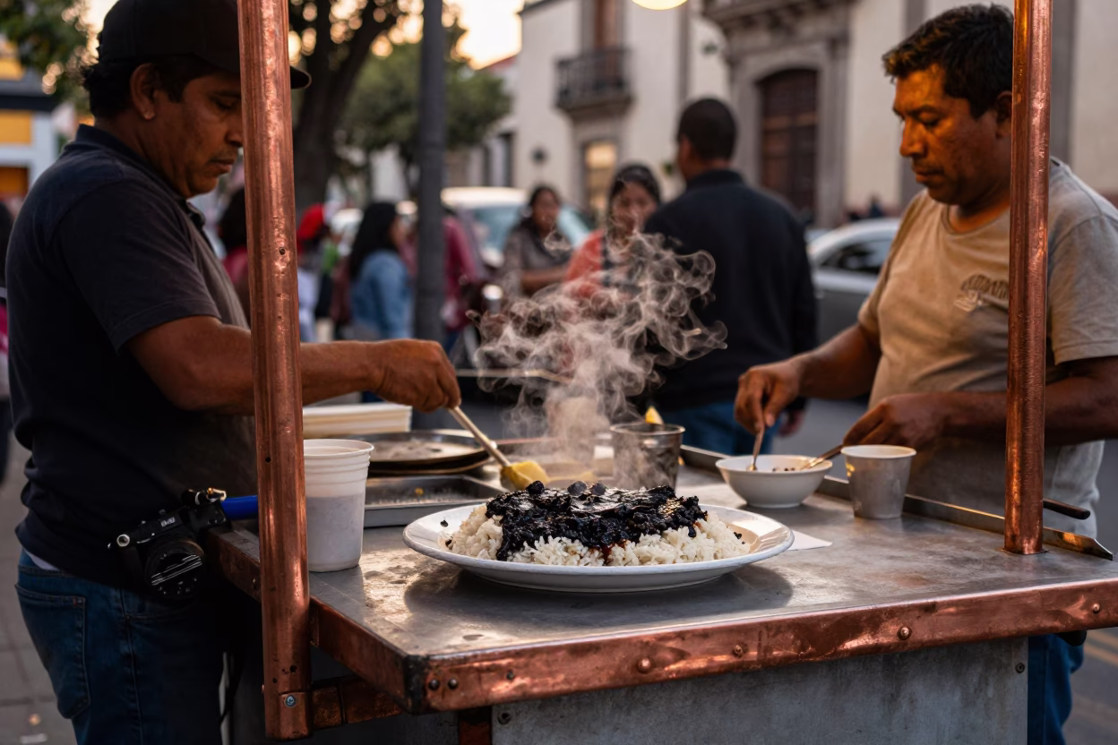 Busy Mexico City Street Scene with Mole Negro Plate and Concrete Architecture in in Mexico City, Mexico