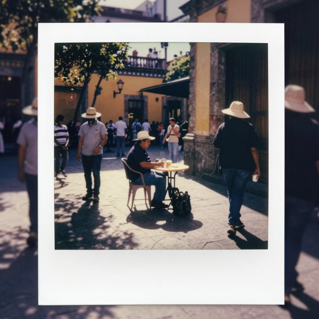 Busy Mexico City Street Scene with Sun Hats and Courtyard Fountain Maintenance in in Mexico City, Mexico