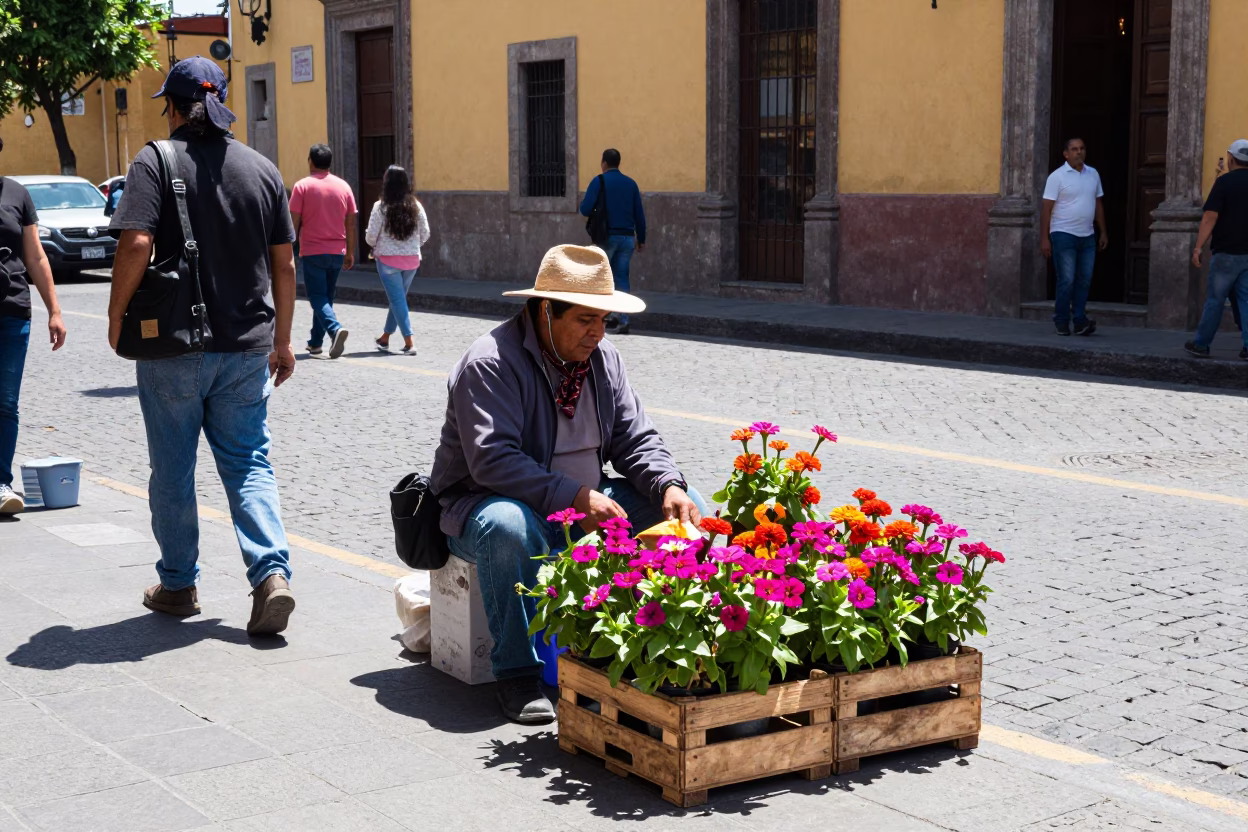 Busy Mexico City Street Scene with Vendor and Zinnias in in Mexico City, Mexico