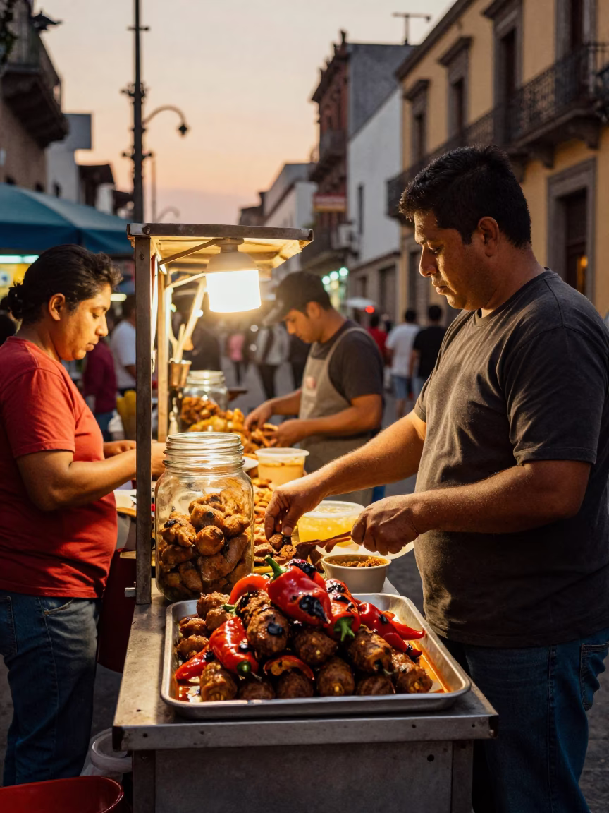 Busy Mexico City Street Vendor Evening Scene with Glass Jar and Kofte Tray in in Mexico City, Mexico