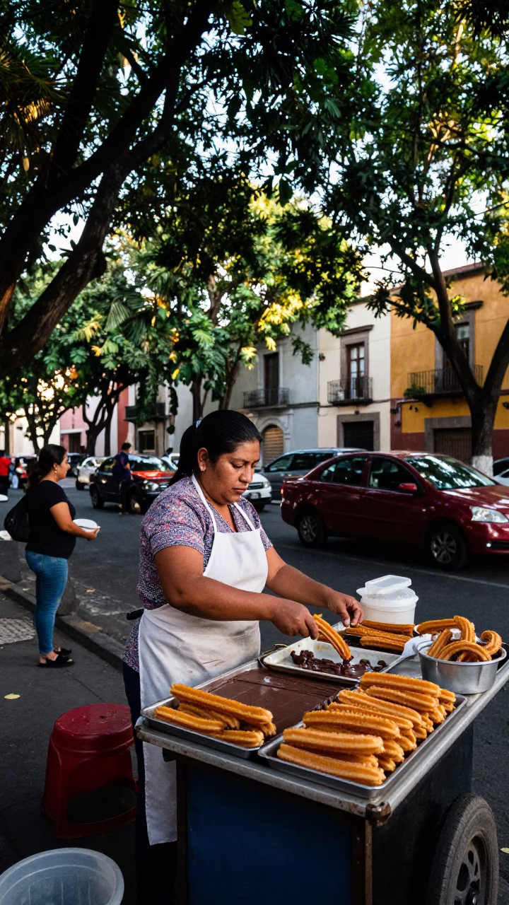 Busy Mexico City street vendor stall serving churros and chocolate at first light in in Mexico City, Mexico