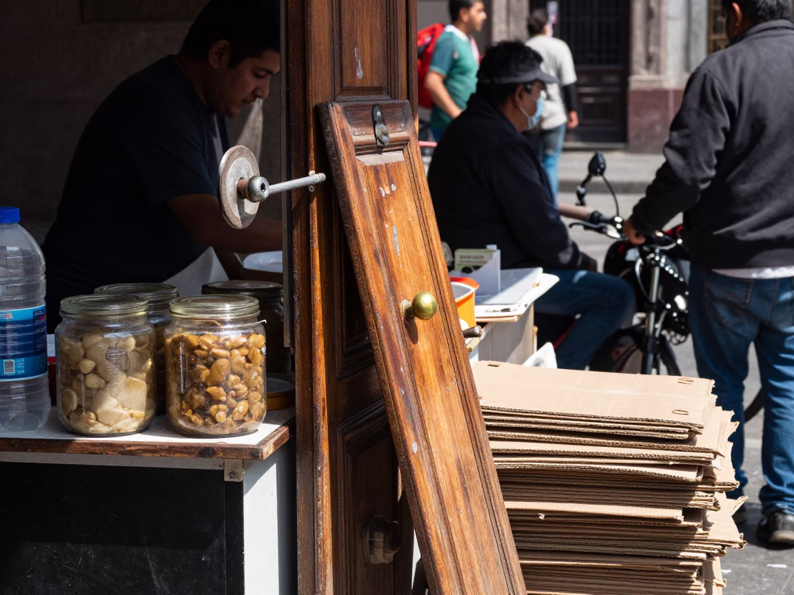 Busy Mexico City Street Vendor Stall with Jar and Doorknob at Midday in in Mexico City, Mexico