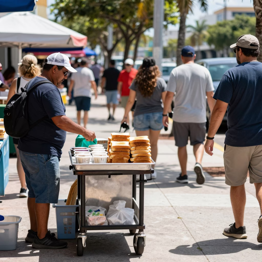 Busy Miami Florida Midday Street Scene with Local Market Activity and Urban Life in in Miami, Florida, United States