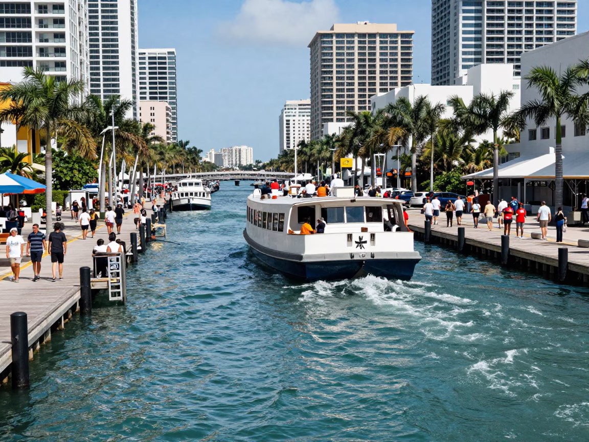 Busy Miami Florida Midday Street Scene with Water Taxi and Floating Dock in in Miami, Florida, United States