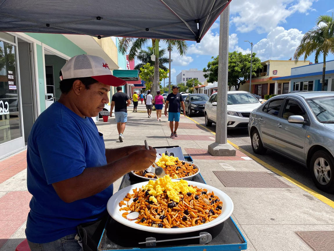 Busy Miami Florida Street Scene Under Noon Glare with Local Food and Plants in in Miami, Florida, United States