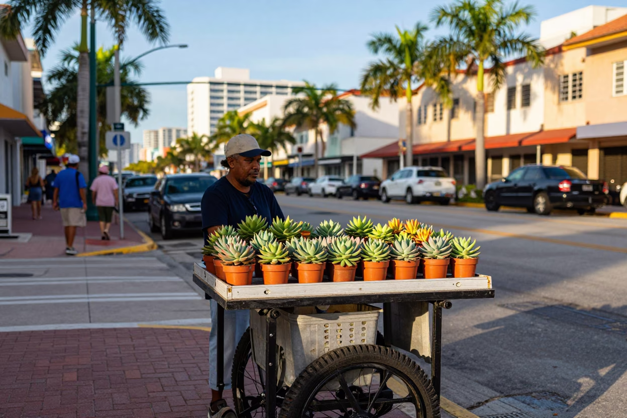 Busy Miami Florida Street Scene with Succulents and Late Afternoon Light in in Miami, Florida, United States
