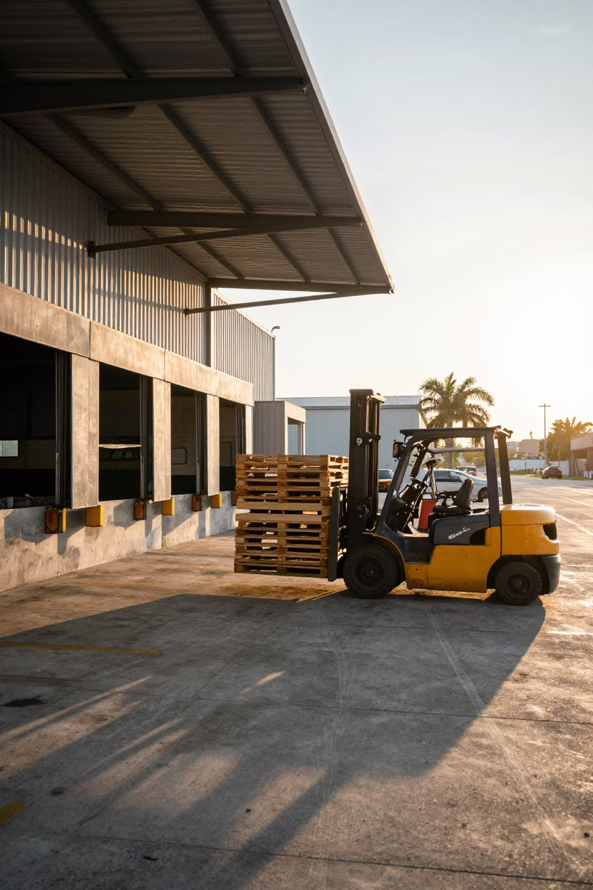 Busy Miami Loading Dock at Dawn with Forklifts Moving Pallets in in Miami, Florida, United States