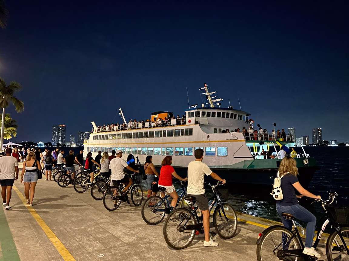 Busy Miami Night Ferry Dock Scene with Passengers Bicycles and Deep Sky in in Miami, Florida, United States