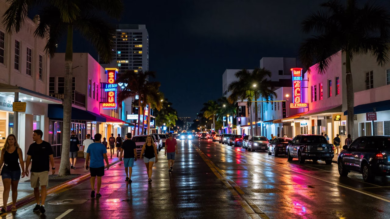 Busy Miami Night Street Scene with Neon Lights and Urban Details in in Miami, Florida, United States