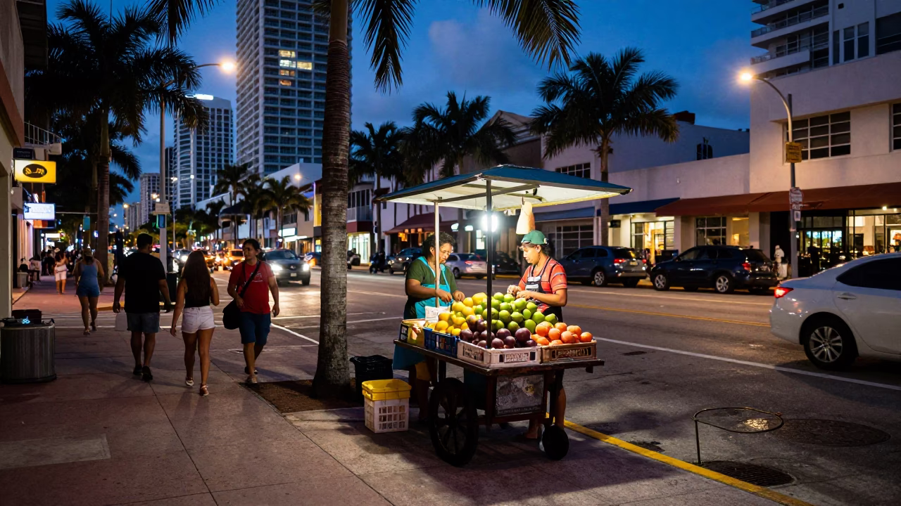 Busy Miami Street Corner at Twilight with Fruit Crate and Coffee Tin in in Miami, Florida, United States