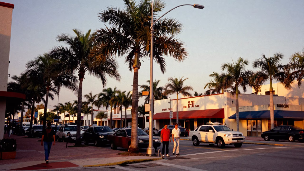 Busy Miami Street Corner in Honeyed Evening Light with Palm Trees and Urban Life in in Miami, Florida, United States