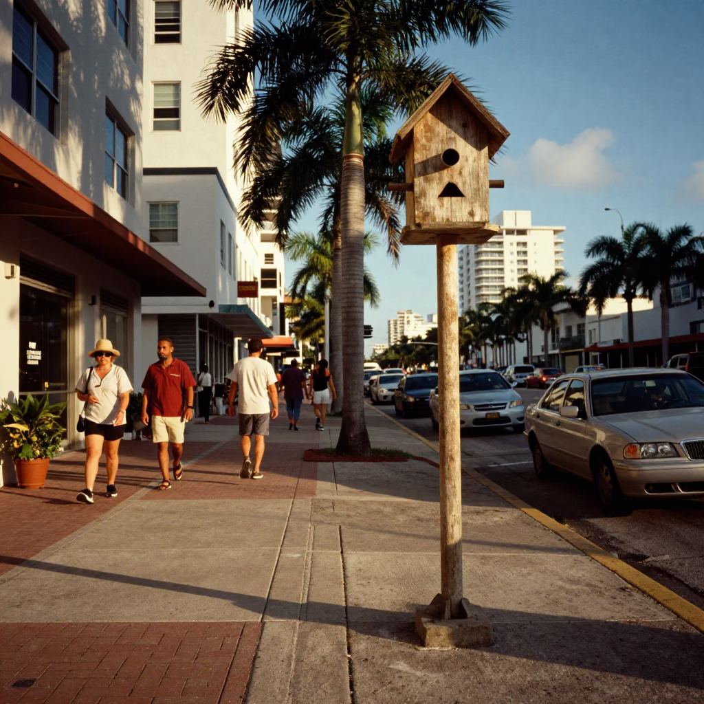 Busy Miami Street Corner Late Afternoon Scene with Birdhouse and Baguettes in in Miami, Florida, United States