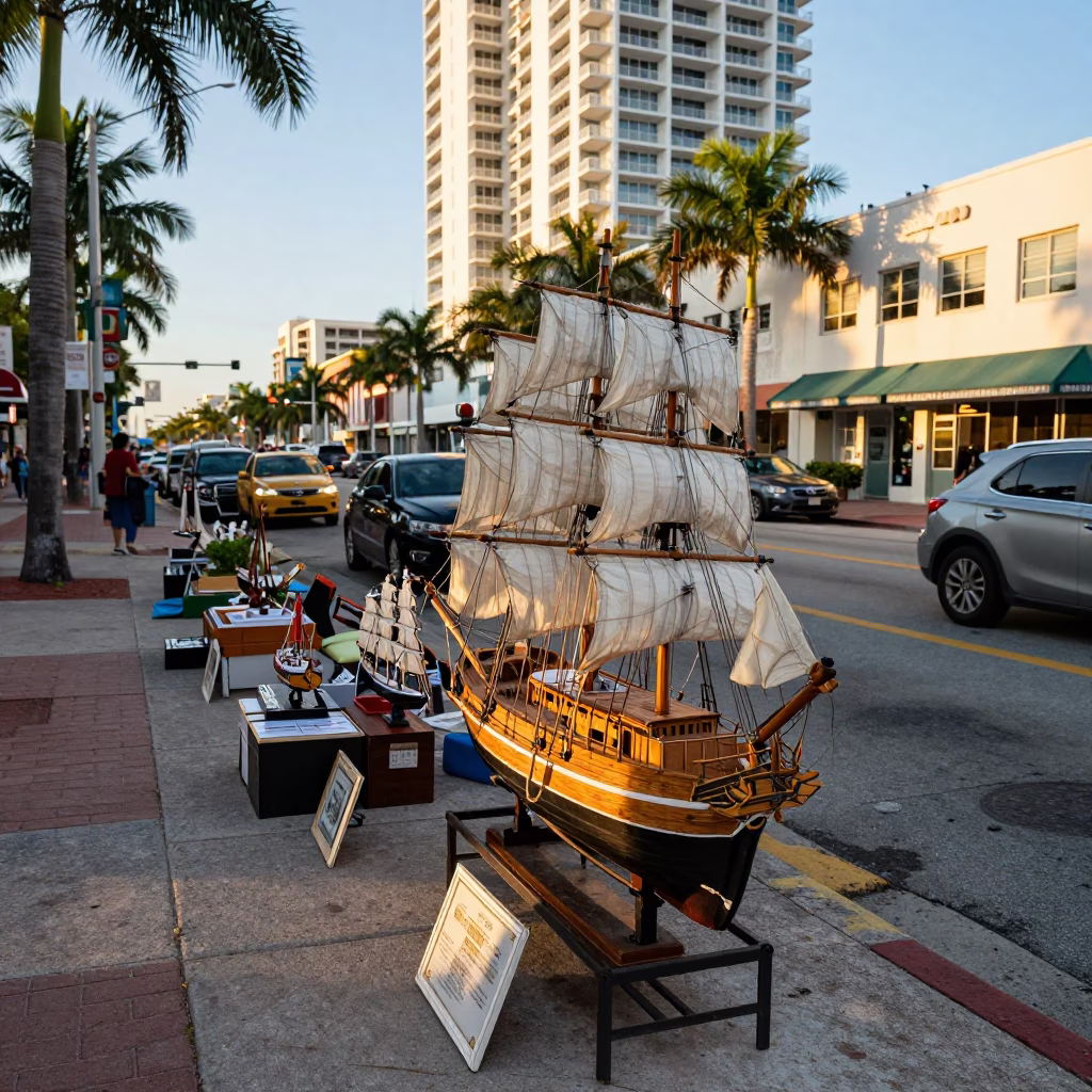 Busy Miami Street Corner Late Afternoon with Model Ship and Porcelain Jar in in Miami, Florida, United States
