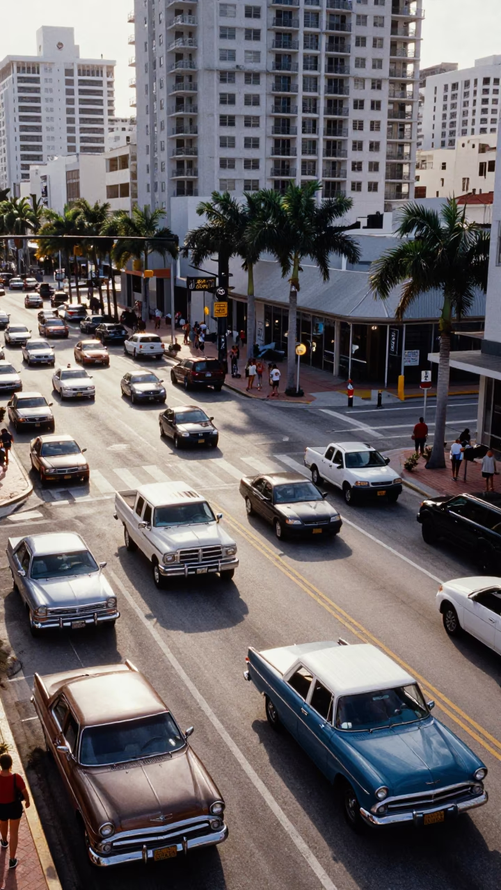 Busy Miami Street Corner Late Morning Traffic and Pedestrians in Florida in in Miami, Florida, United States