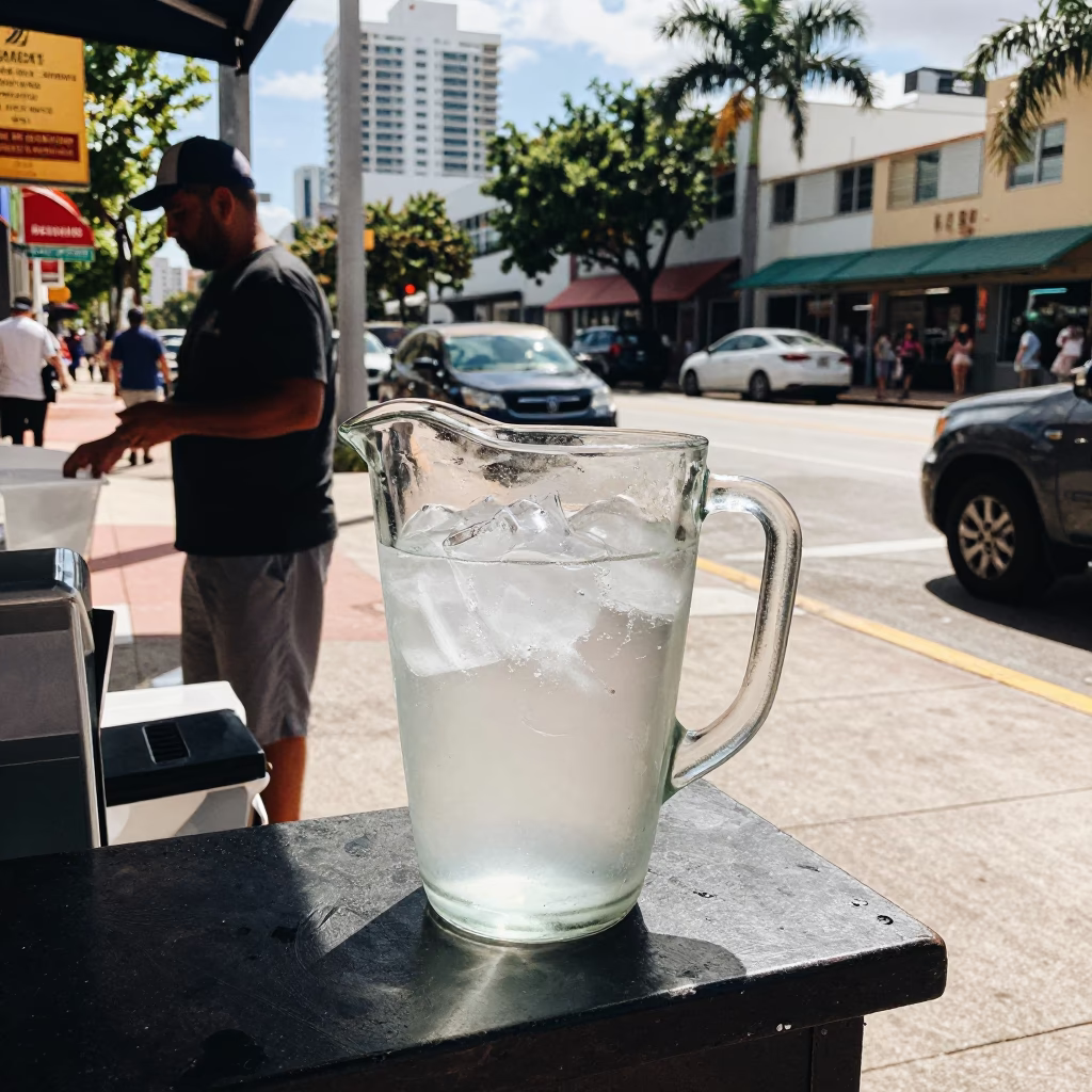 Busy Miami Street Corner With Vintage Pitcher And Local Commerce In Early Afternoon Light in in Miami, Florida, United States