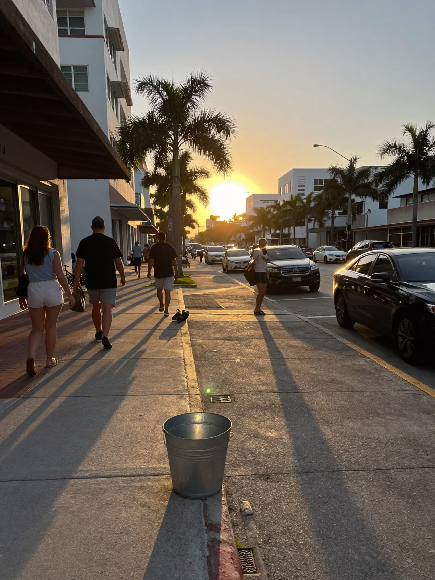 Busy Miami Street Scene at Sunset with Metal Bucket and Urban Details in in Miami, Florida, United States