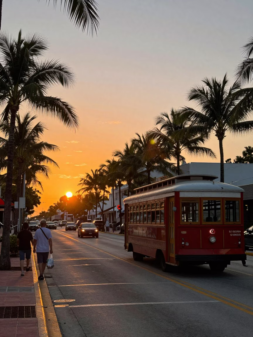 Busy Miami Street Scene at Sunset with Old Trolley and Construction Activity in in Miami, Florida, United States