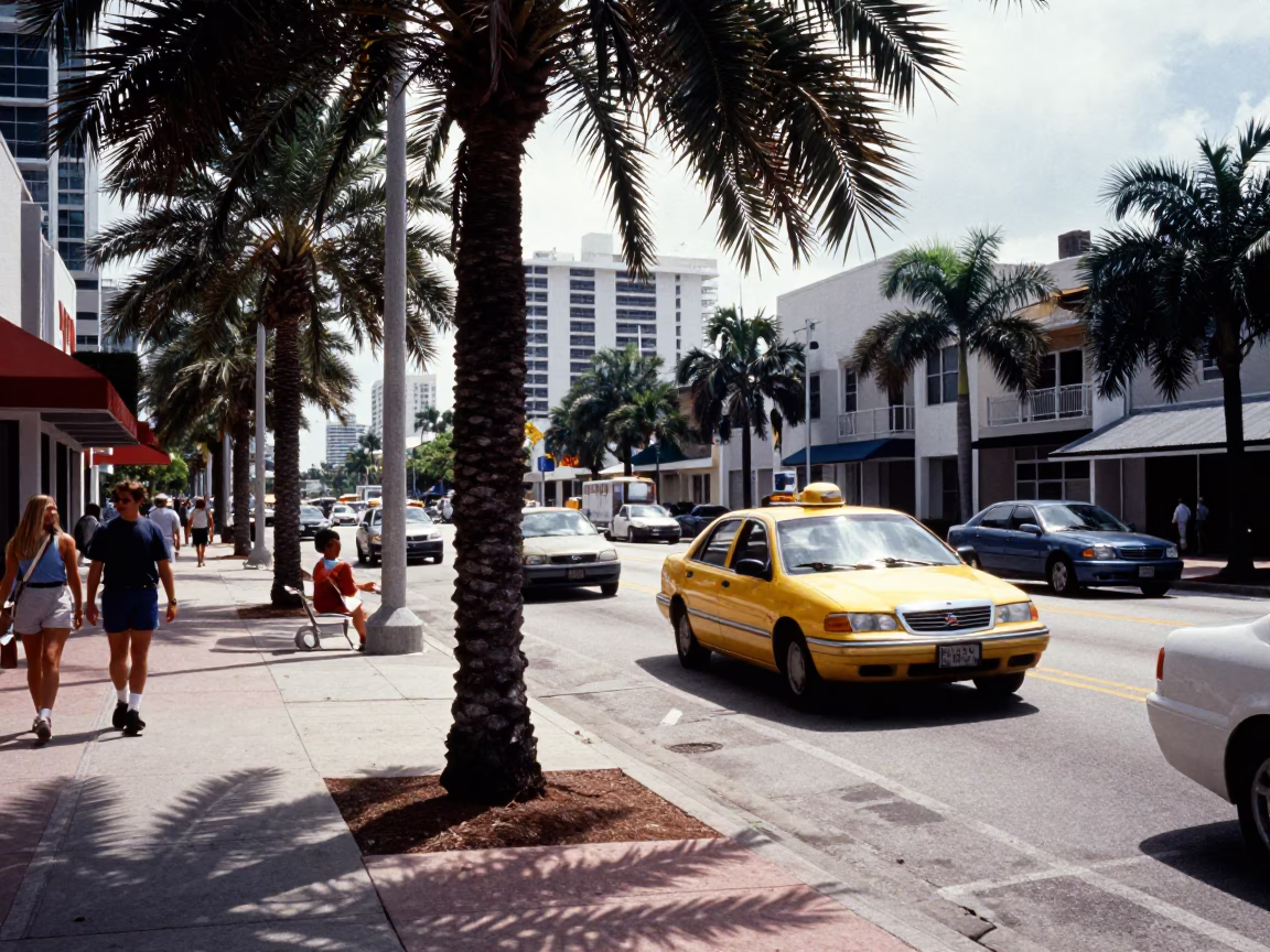Busy Miami Street Scene Early Afternoon with Water Taxi and Tree in in Miami, Florida, United States
