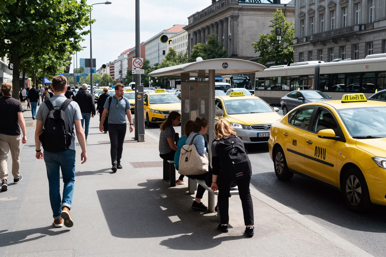Busy Midday Berlin Street Scene with Taxi Rank and Urban Details in in Berlin, Germany