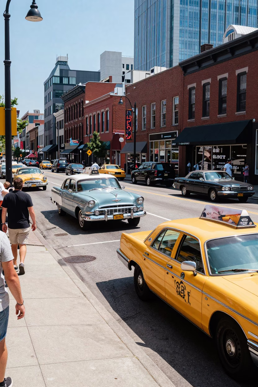 Busy Midday Nashville Street Scene with Vintage Cars and Pedestrians in Tennessee in in Nashville, Tennessee, United States