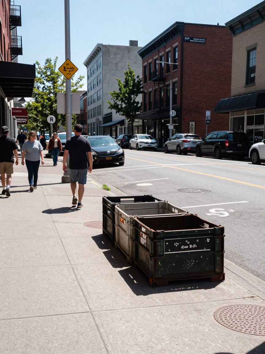 Busy Midday Portland Street Scene with Vintage Crate and Urban Activity in in Portland, Oregon, United States