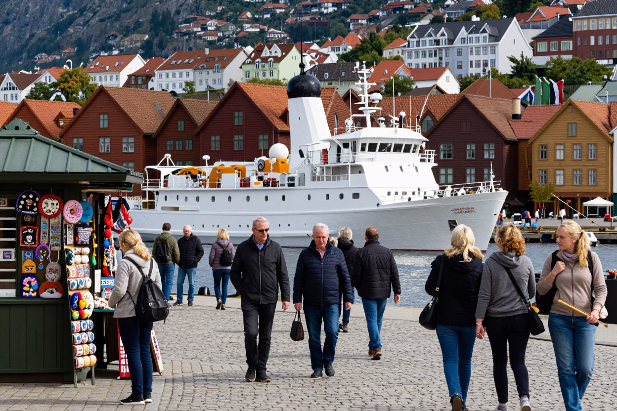 Busy Midday Scene in Bergen Norway Featuring Research Vessel and Historic Bryghen Wharf in in Bergen, Norway