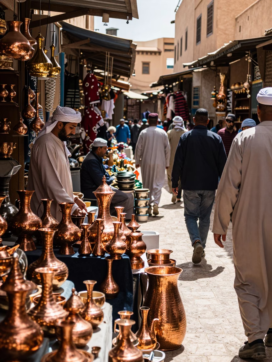 Busy Midday Souk Scene in Fez Morocco with Traditional Copper Ware and Local Commerce in in Fez, Morocco