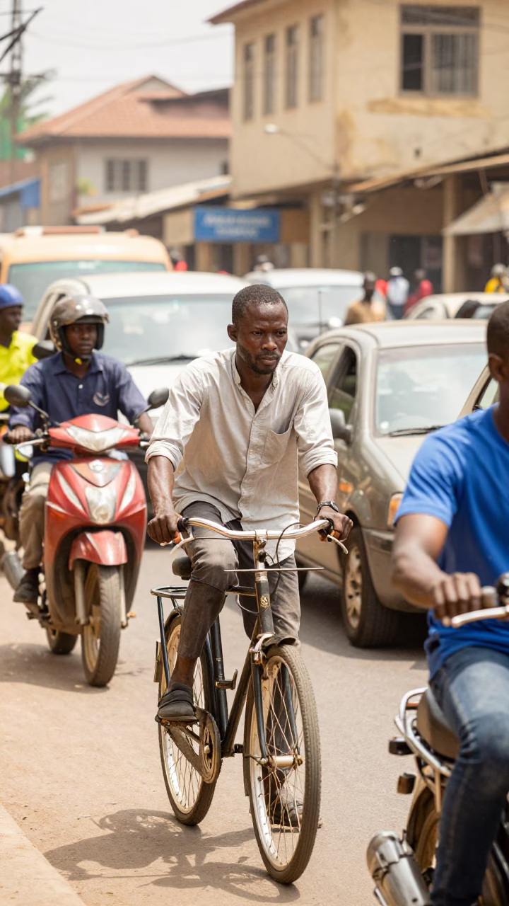 Busy Midday Street Scene in Accra Ghana with Bicycle and Leather Basketball in in Accra, Ghana