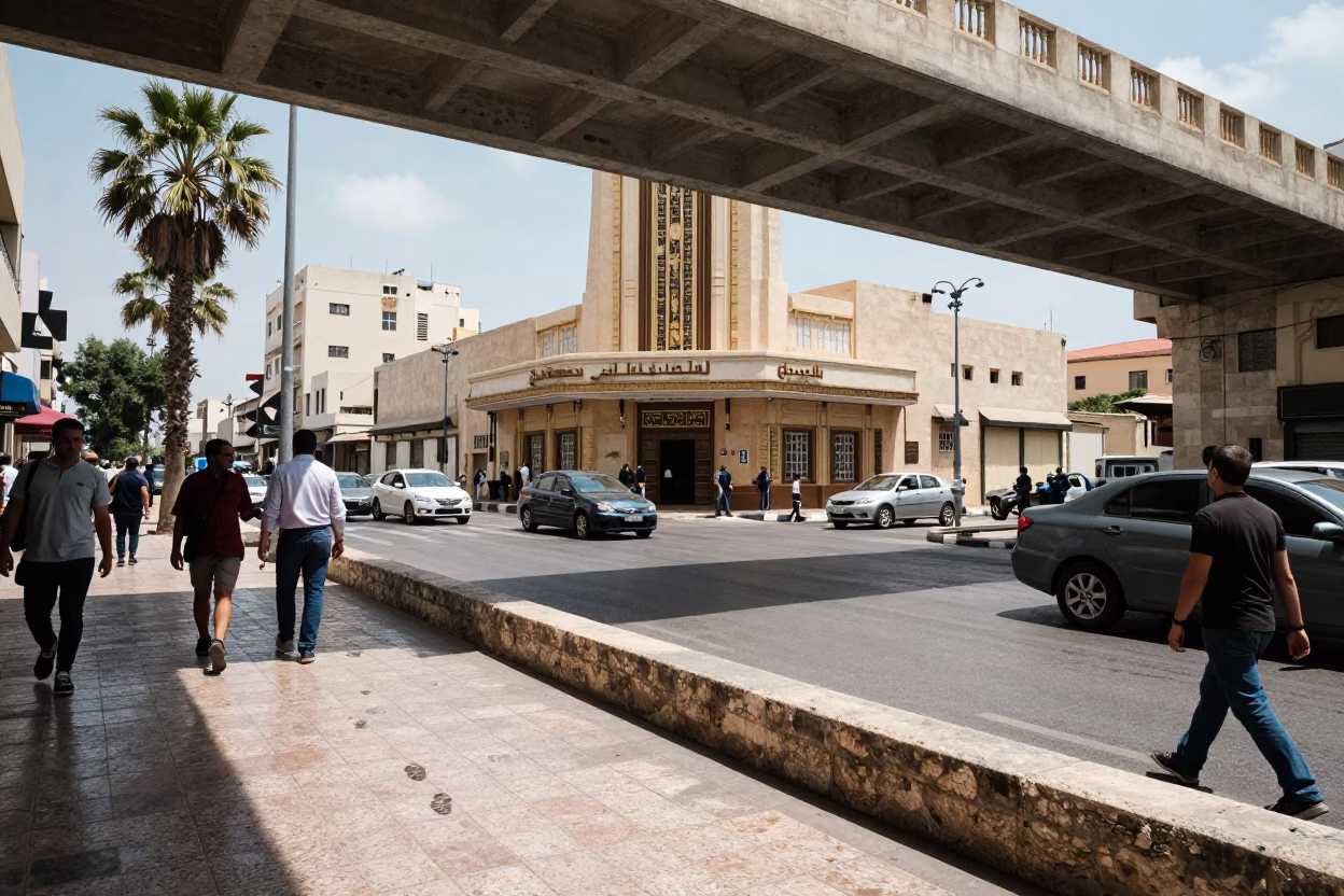 Busy Midday Street Scene in Alexandria Egypt with Art Deco Cinema and Pedestrian Overpass in in Alexandria, Egypt