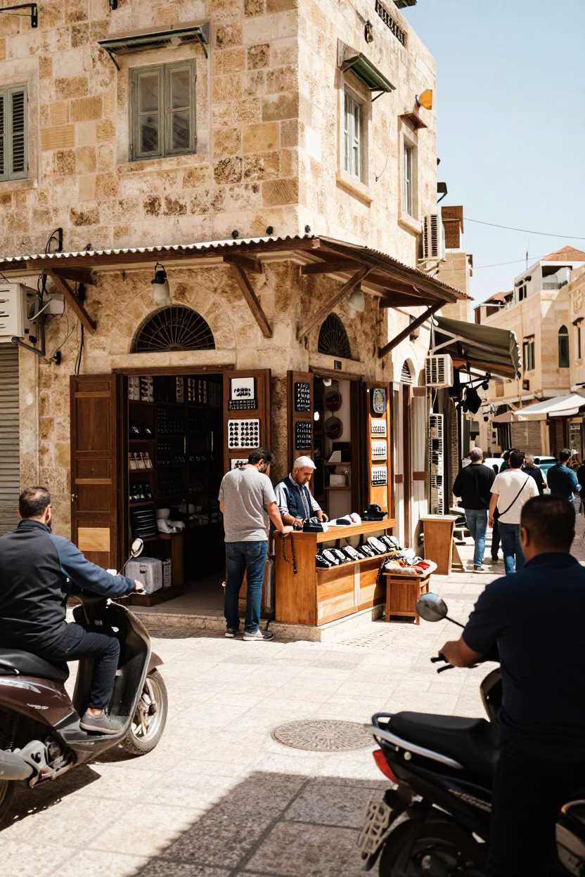 Busy Midday Street Scene in Amman Jordan with Vintage Bakelite Telephone and Local Commerce in in Amman, Jordan