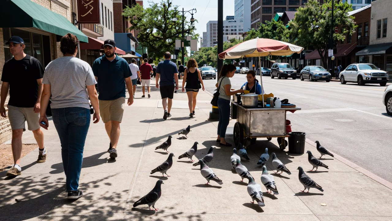 Busy Midday Street Scene in Austin Texas with Pigeons and Urban Architecture in in Austin, Texas, United States