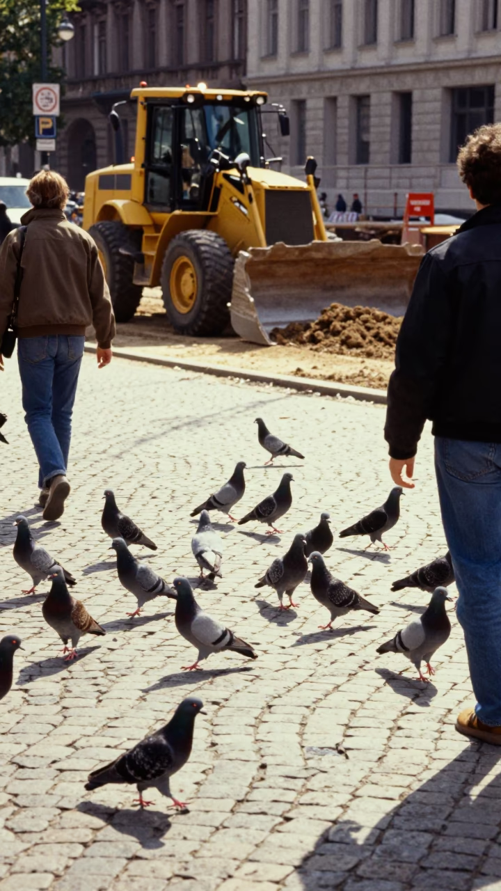 Busy Midday Street Scene in Berlin Germany with Pigeons and Construction in in Berlin, Germany