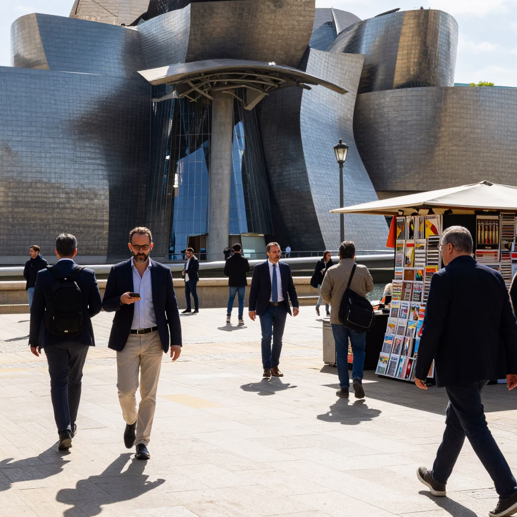 Busy Midday Street Scene in Bilbao Spain with Commuters and Urban Architecture in in Bilbao, Spain