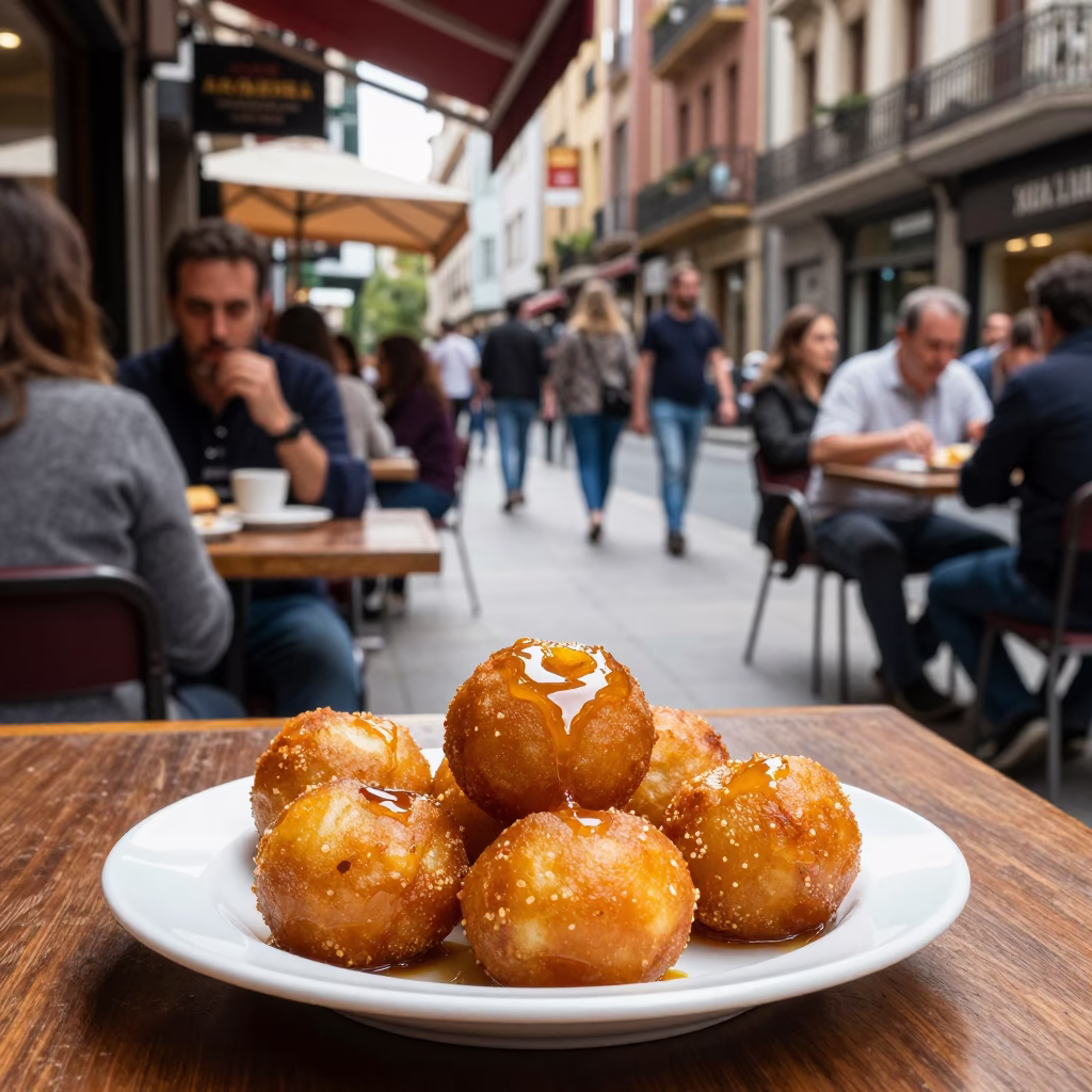 Busy Midday Street Scene in Bilbao Spain with Local Dining Elements in in Bilbao, Spain