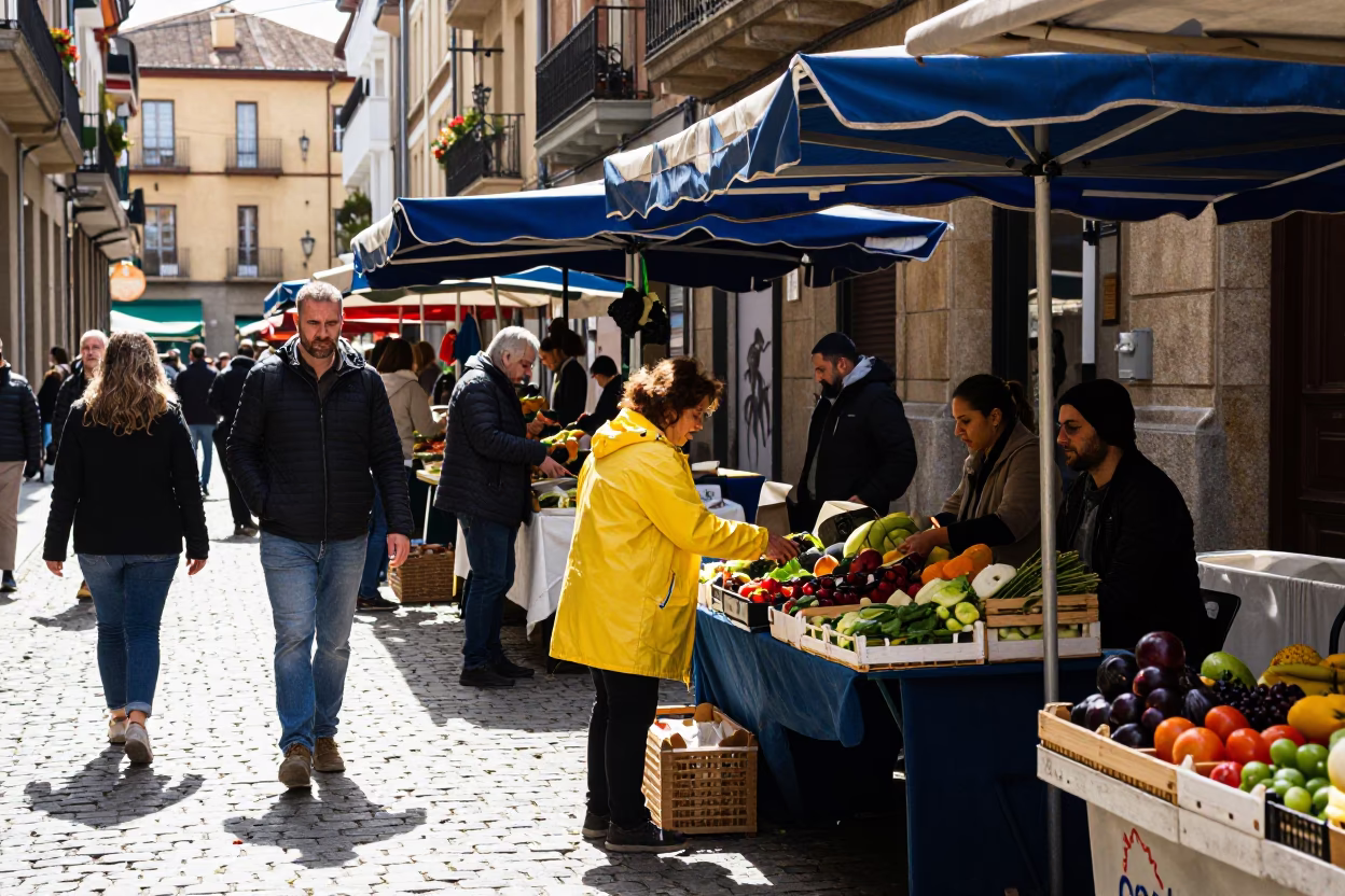Busy Midday Street Scene in Bilbao Spain with Local Market Activity and Traditional Details in in Bilbao, Spain