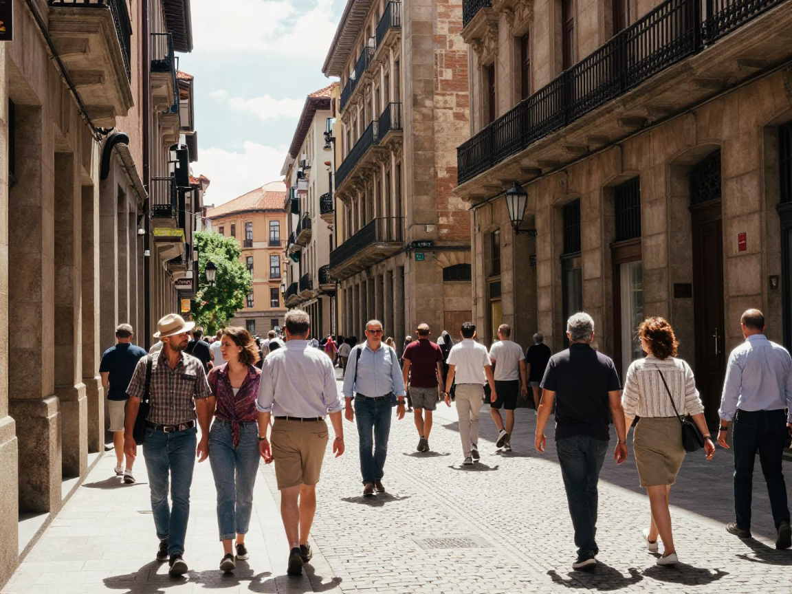 Busy Midday Street Scene in Bilbao Spain with Vintage 1950s Architecture and Local Life in in Bilbao, Spain