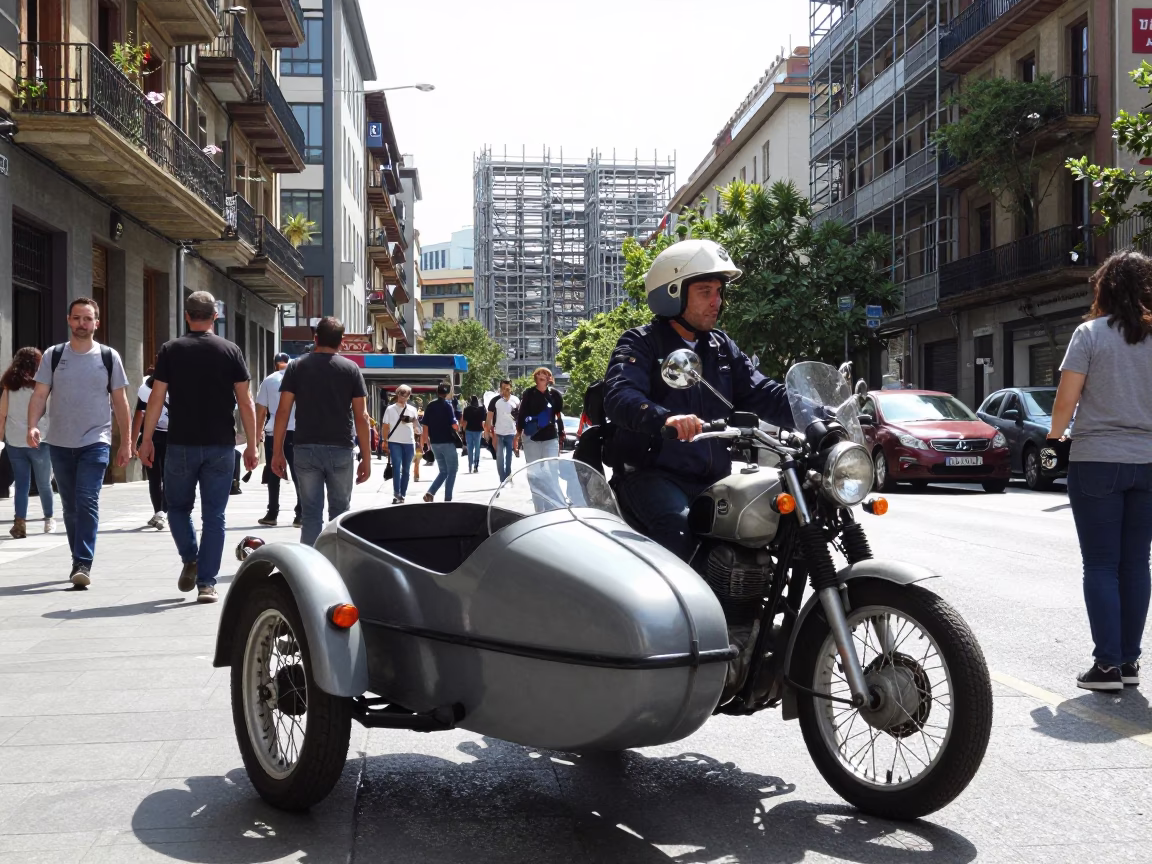 Busy Midday Street Scene in Bilbao Spain with Vintage Motorcycle and Urban Details in in Bilbao, Spain