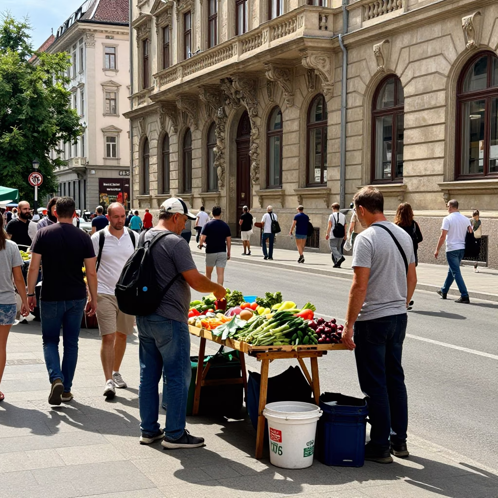 Busy Midday Street Scene in Budapest Hungary with Local Market Activity in in Budapest, Hungary