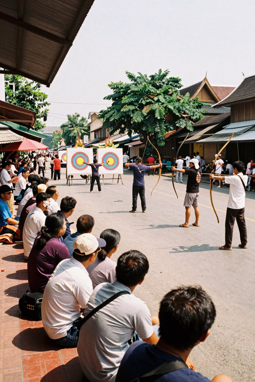 Busy Midday Street Scene in Chiang Mai Thailand with Traditional Archery Contest in in Chiang Mai, Thailand