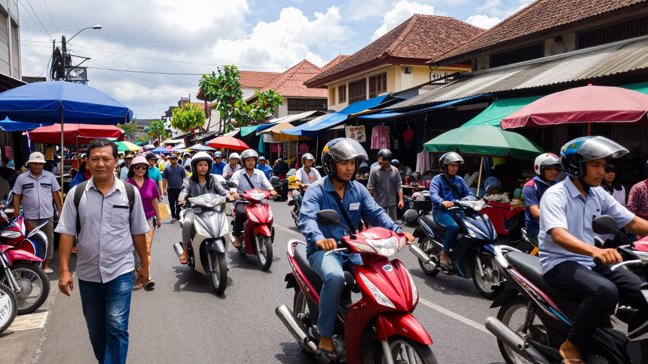 Busy Midday Street Scene in Denpasar Bali Indonesia with Local Market Activity in in Denpasar, Indonesia