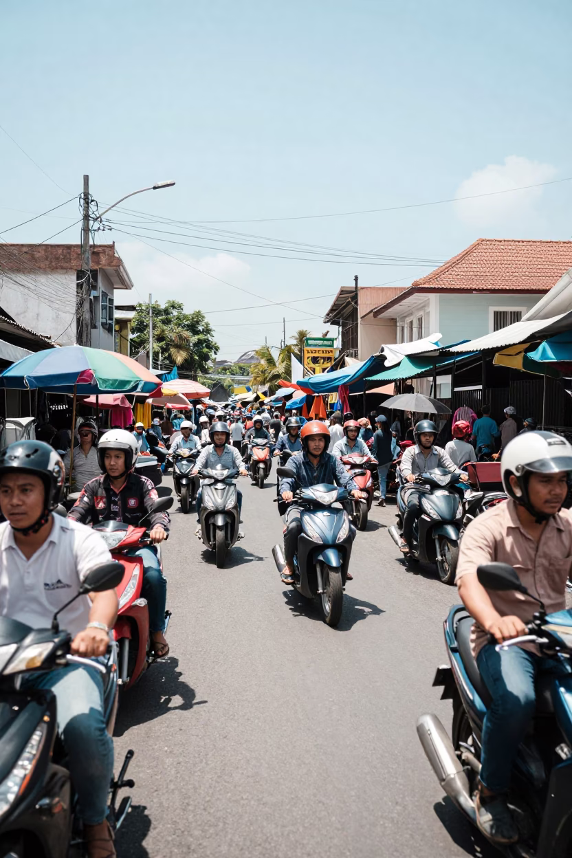 Busy Midday Street Scene in Denpasar Indonesia with Local Market Activity in in Denpasar, Indonesia