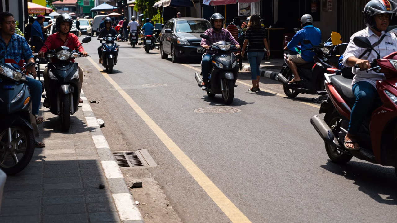 Busy Midday Street Scene in Denpasar Indonesia with Sunlight and Local Activity in in Denpasar, Indonesia