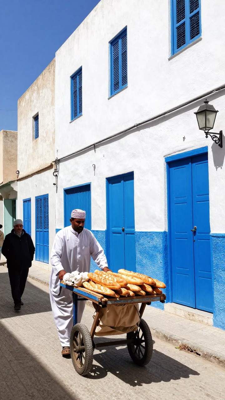Busy Midday Street Scene in Essaouira Morocco with Blue Doors and Local Commerce in in Essaouira, Morocco