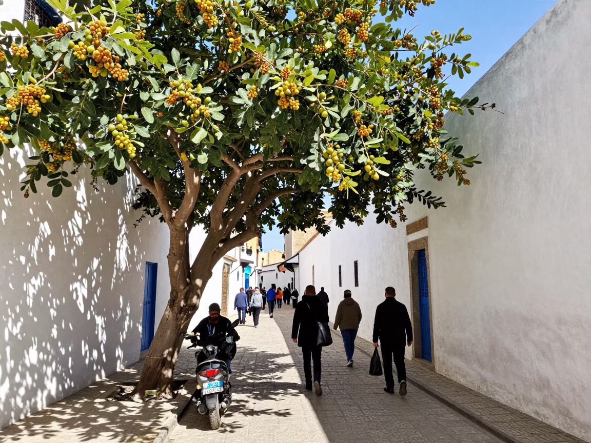 Busy Midday Street Scene in Essaouira Morocco with Fig Tree and Boot Scraper in in Essaouira, Morocco