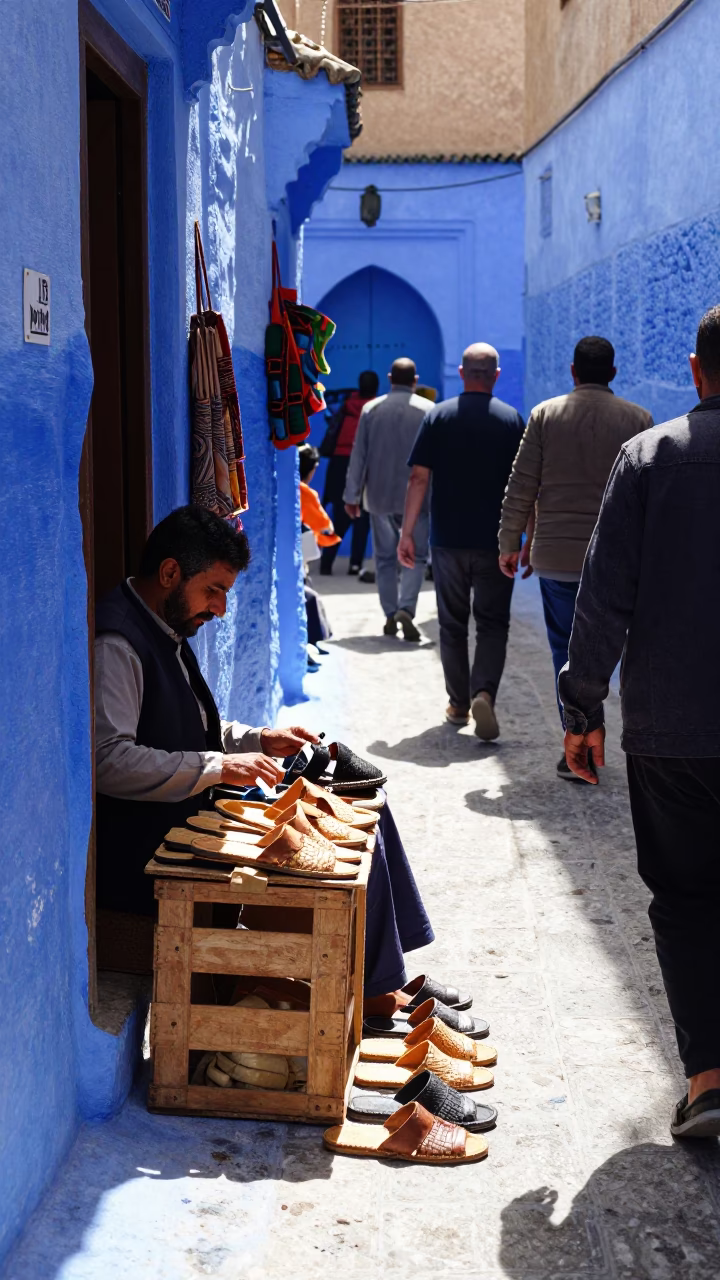 Busy Midday Street Scene in Essaouira Morocco with Traditional Slippers and Local Commerce in in Essaouira, Morocco