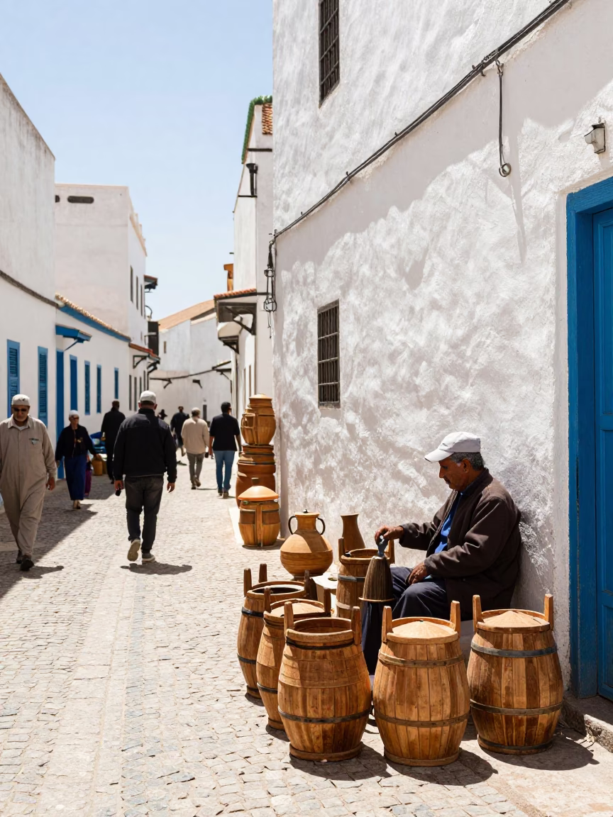 Busy Midday Street Scene in Essaouira Morocco with Traditional Wooden Canisters and Coastal Life in in Essaouira, Morocco