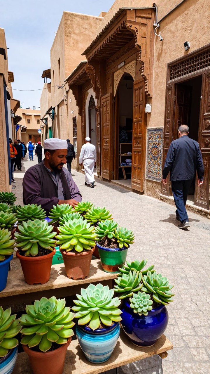Busy Midday Street Scene in Fez Morocco with Potted Succulents and Local Commerce in in Fez, Morocco