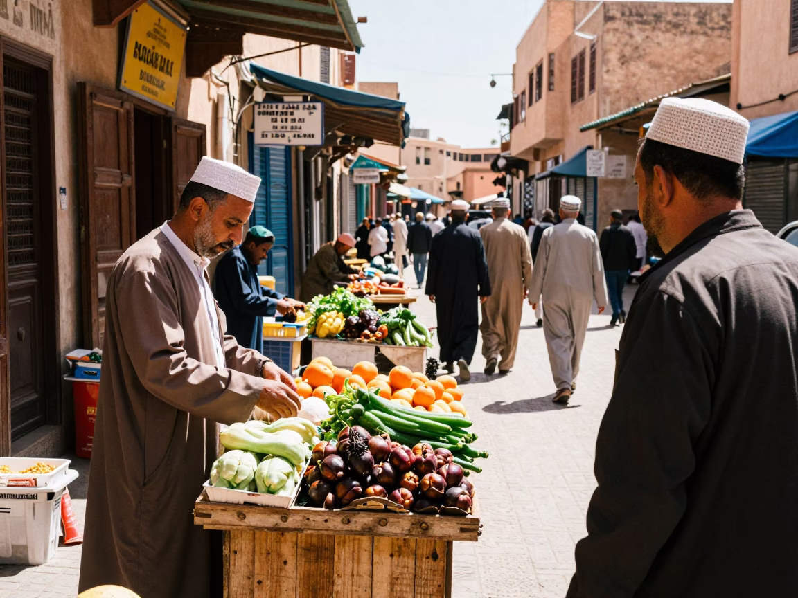 Busy Midday Street Scene in Fez Morocco with Traditional Attire and Daily Commerce in in Fez, Morocco