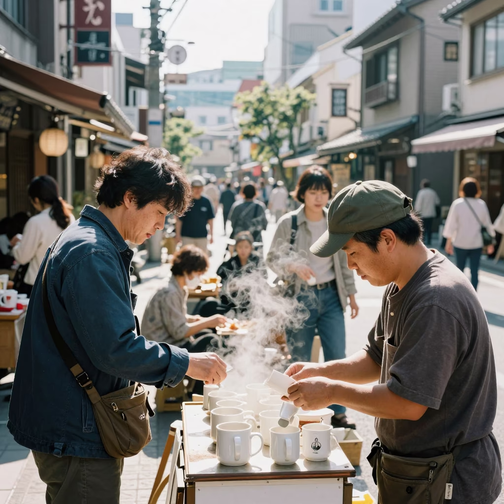Busy Midday Street Scene in Fukuoka Japan with Vintage 1970s Atmosphere in in Fukuoka, Japan