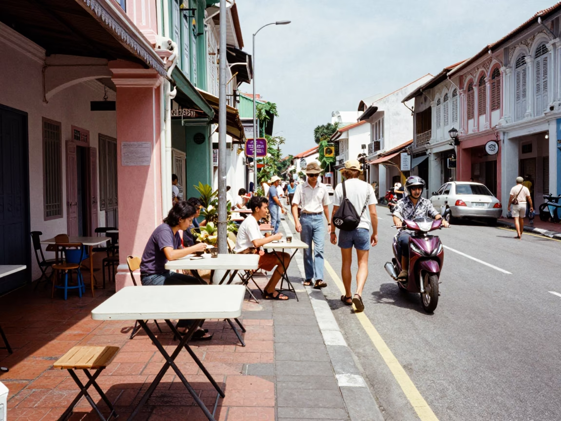 Busy Midday Street Scene in George Town Malaysia with Folding Tables and Local Vendors in in George Town, Malaysia